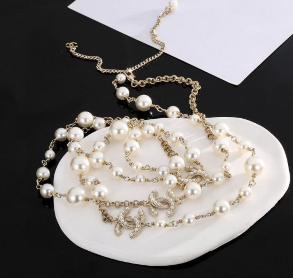 CHANEL Gold and White Faux Pearl CC-Link Long Necklace